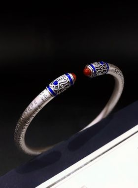 心经手镯女国风哑光做旧开口镀银手镯手环南