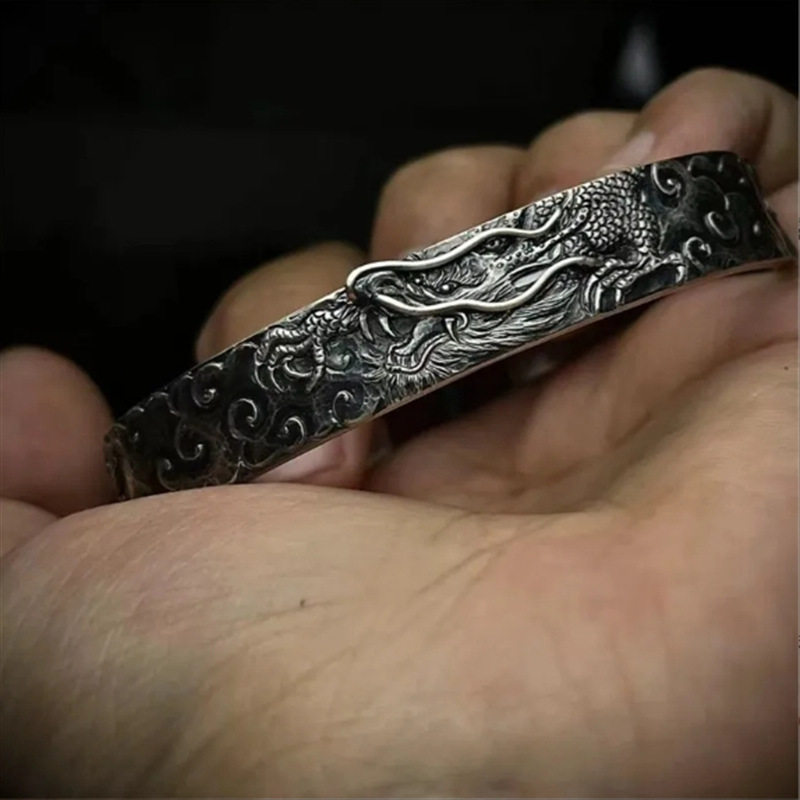 蟒雀吞龙手镯大武当兴民俗文化银色国风手镯龙镯祥云男复古浮雕