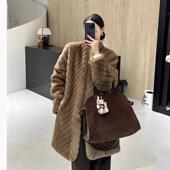 中长款 人字纹环保皮草女2024冬季 高级感仿水貂毛皮毛一体外套大衣