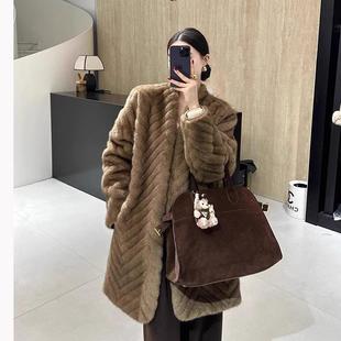 中长款 高级感仿水貂毛皮毛一体外套大衣 人字纹环保皮草女2024冬季