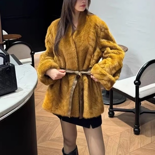 年轻环保水貂绒皮草外套女2026冬季新款金叶貂中长款皮毛一体大衣