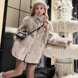 2025新款爆款羊羔毛皮毛一体仿貂毛毛外套女环保皮草上衣立领大衣