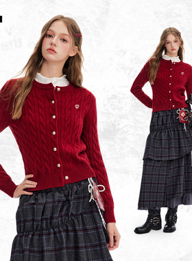 it:CHOCOOLATE小香风红色针织开衫女2025新款秋加厚保暖绞花毛衣