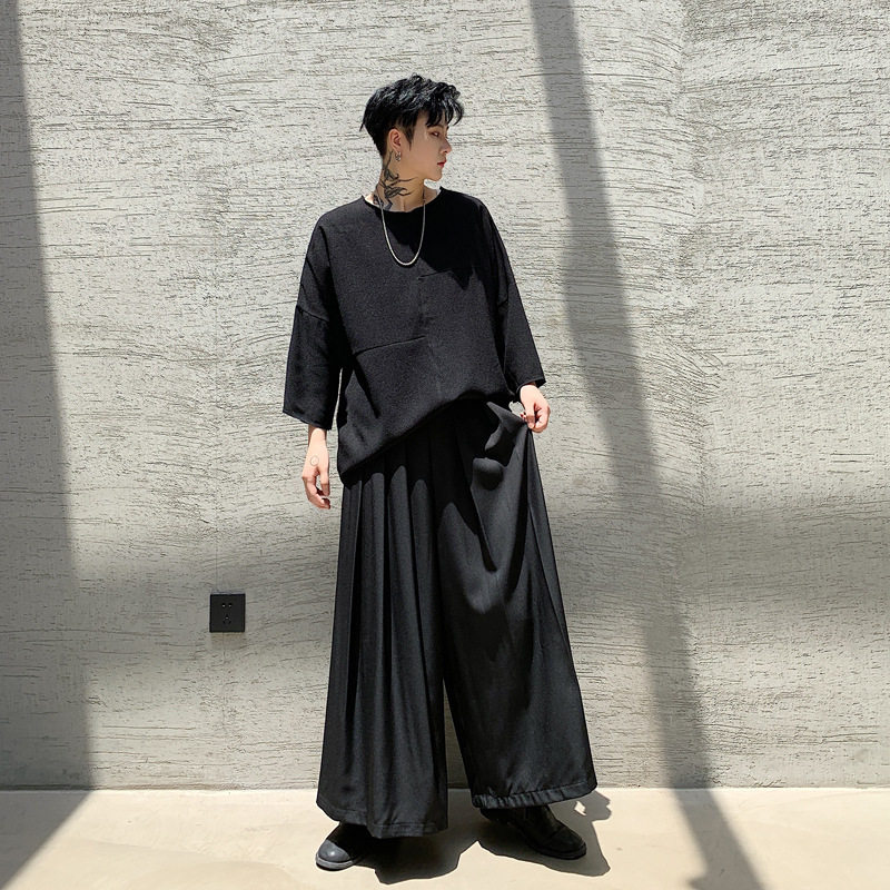 夏季款暗黑系风男士宽松休闲裤男女款褶裙裤阔腿裤厂家直销