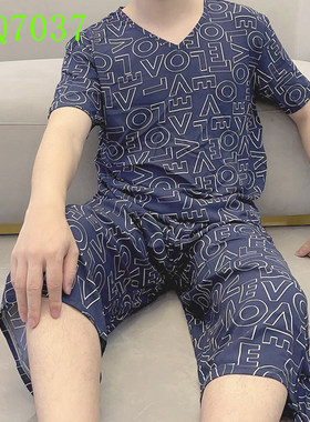 新款男士七分睡裤纯棉绸短袖睡衣+7分裤套装夏季宽松休闲家居ins
