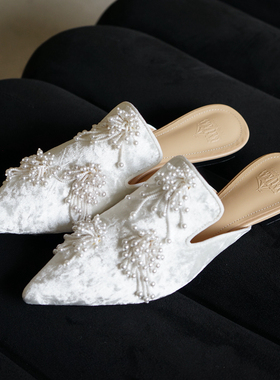 BUBUFEIFEI原创设计 白色珍珠串平底半托女春夏懒人尖头穆勒鞋