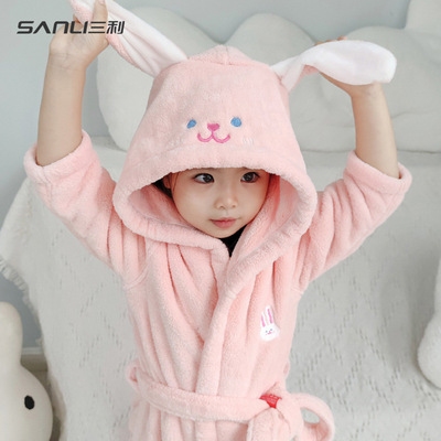 三利毛巾儿童浴袍卡通睡袍带帽浴袍珊瑚绒家居服男童女童睡衣