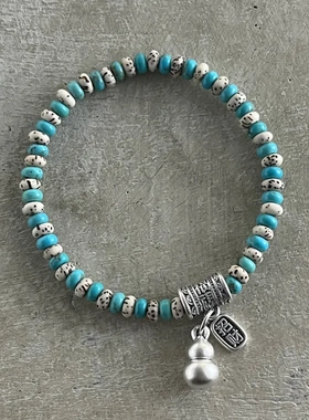 999足银招财纳福串珠手链女国风设计手工弹力绳菩提松石手饰B6396