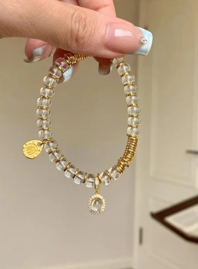 S925纯银新中式事事顺心白水晶盘缠龙心手链滴流水沫玉算盘珠手串