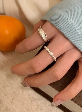 ins小众设计肌理感S925纯银戒指女简约轻奢高级感食指戒可调节