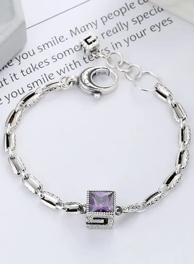 云潮轩S925纯银韩版个性创意大锆石方糖拼色镂空G字母潮流手链