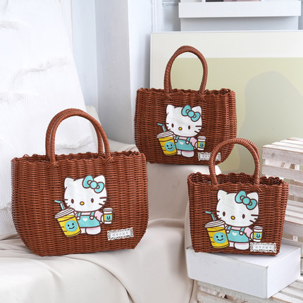 塑料编织篮手提包可爱卡通菜篮子HelloKitty猫伴手礼包买菜购物篮