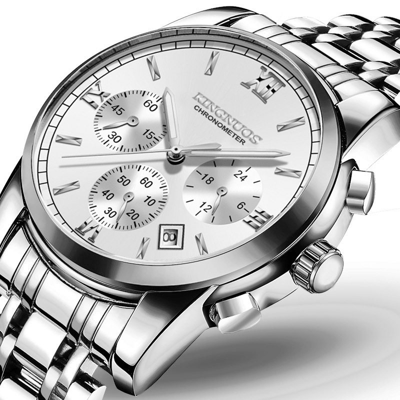 金诺时精钢壳钢带防水男表三眼六针男士手表商务非机械手表