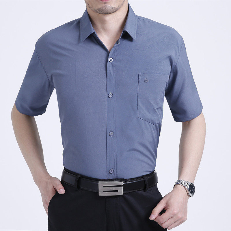 中老年人衬衫男士短袖纯色免烫夏季爸爸装薄休闲衬衣大码宽松男装