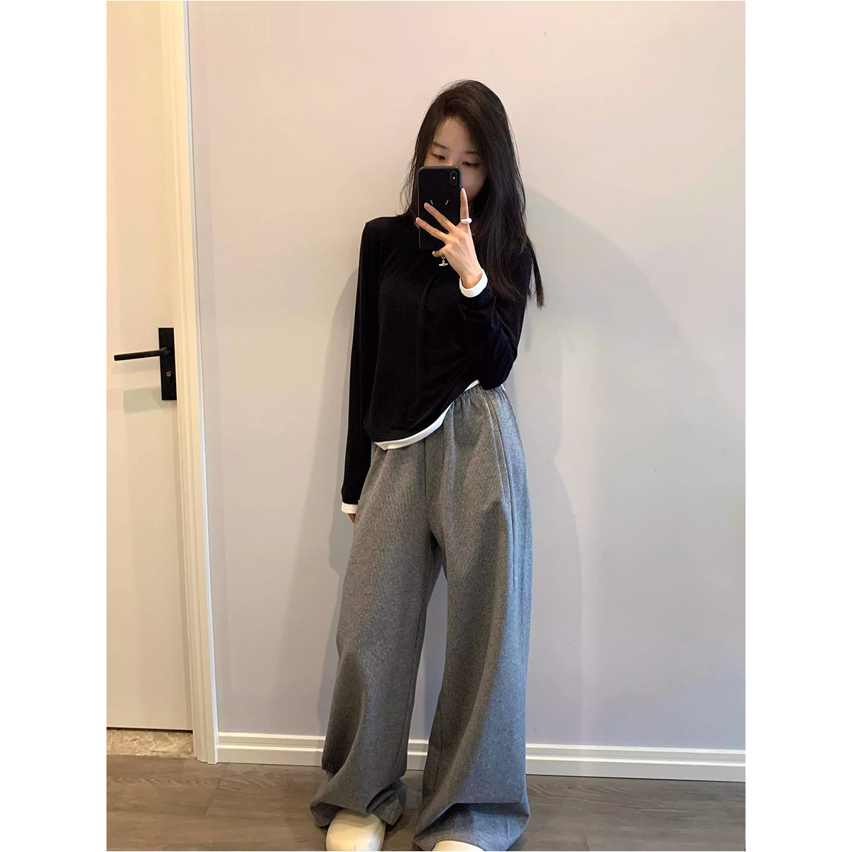 2546# Awencoat 松紧腰直筒灰色拖地阔腿休闲裤子长裤运动卫裤