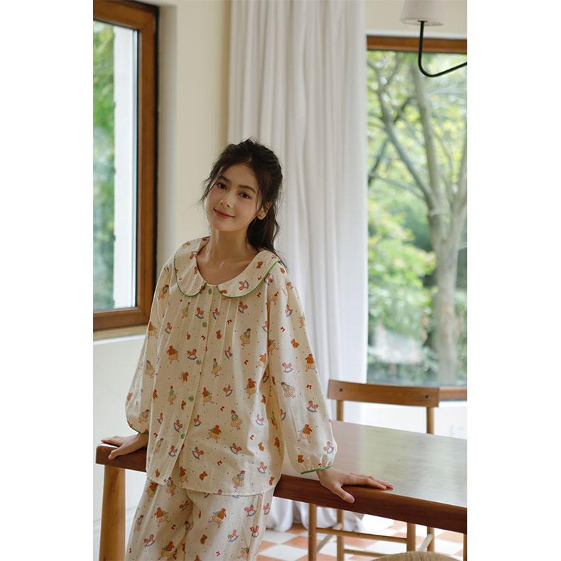 娃娃领可爱卡通女士开衫纯棉双层纱布撞色印花家居服睡衣套装