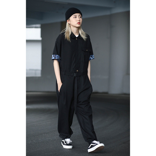 倔强兔日系休闲短袖连体衣男宽松套装腰果花拼贴垂感束脚连体裤