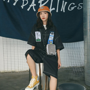 倔强兔 夏季新款日系贴布连体衣潮男女休闲五分连体裤工装5分短裤