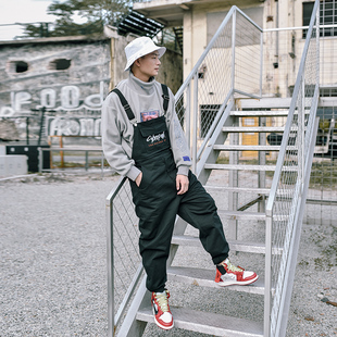 倔强兔美式休闲背带裤男潮牌宽松连体裤男韩版长裤工装吊带裤三色