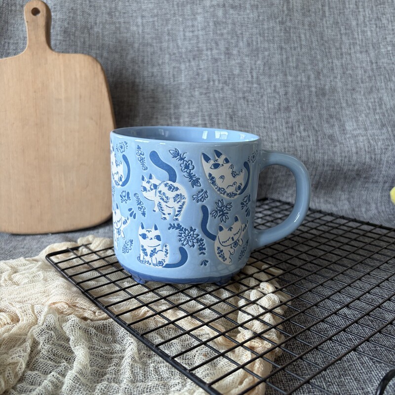 外贸浮雕手绘陶瓷马克杯可爱猫咪大容量水杯牛奶杯早餐杯四角杯子