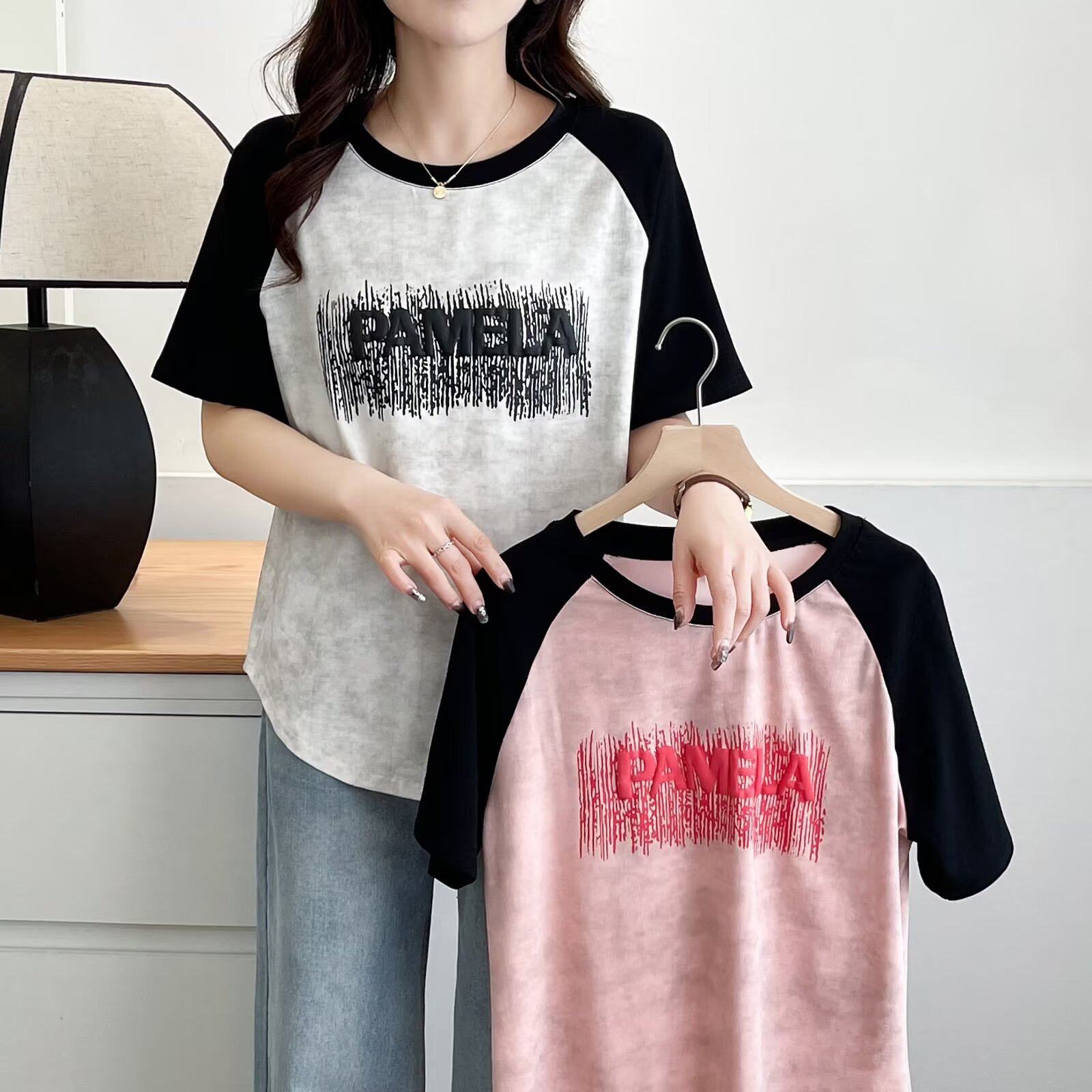 大码胖妹妹字母拼色插肩短袖T恤女下摆弧形显瘦上衣遮肚圆领上衣