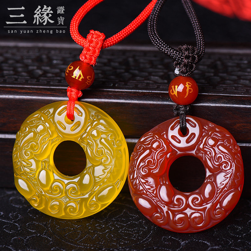 红玛瑙双貔貅平安扣吊坠黄玉髓皮丘挂坠情侣水晶项链男女饰品礼物