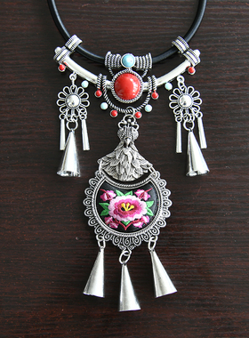 苗银女刺绣花项链民族风
