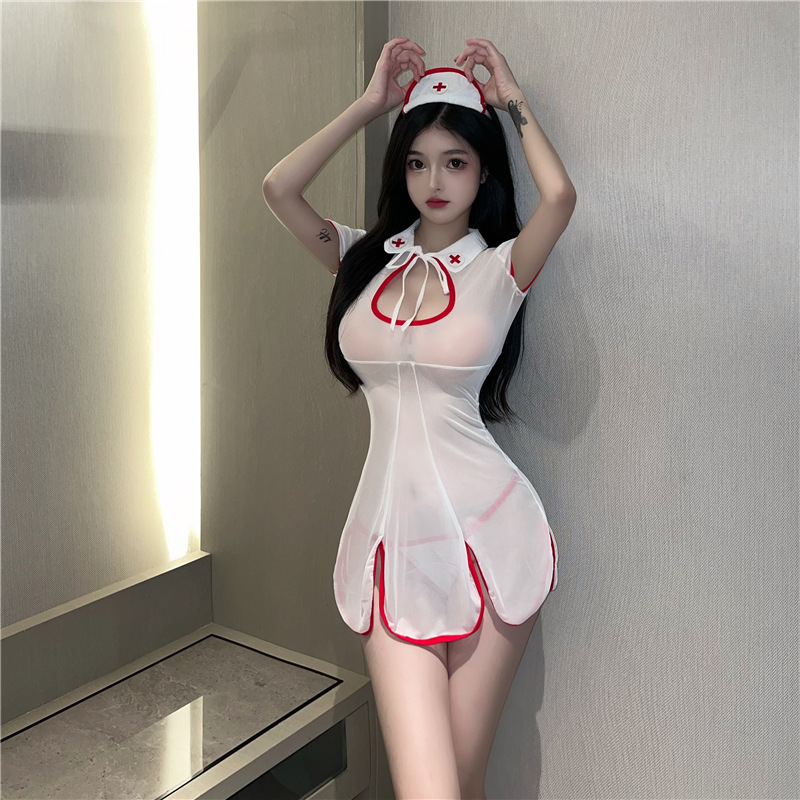 18YX0686欧美2023性感护士制服镂空开叉连衣裙女