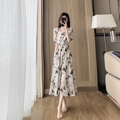 显瘦气质a字裙子雪纺花蝴蝶收腰