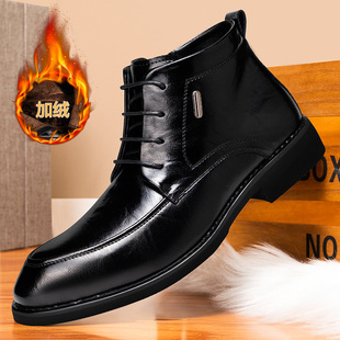 里面加绒毛皮鞋中年人男款棉鞋冬天穿的保温爸爸系带高帮商务棉靴
