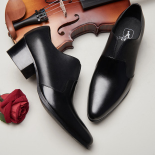 高档无鞋带头层牛皮粗跟外增高皮鞋男纯皮不系带小号码高跟德比鞋