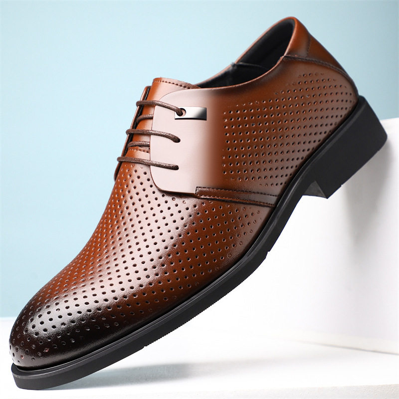 热天棕色网眼皮鞋男镂空真皮商务通风孔防臭夏天棕色透气孔德比鞋