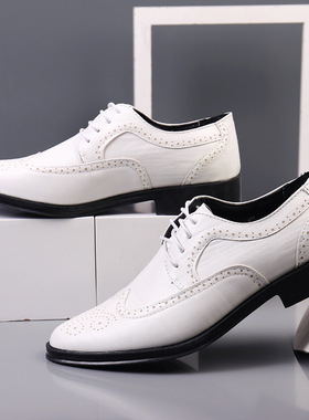 大码新郎婚纱照相馆摄影白色布洛克雕花男鞋蓝色尖头布诺克皮鞋子