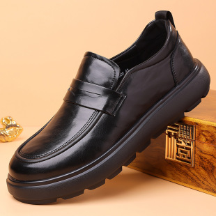平底男鞋不系带爸爸套脚鞋中老年男人橡胶底休闲鞋无鞋带大头皮鞋