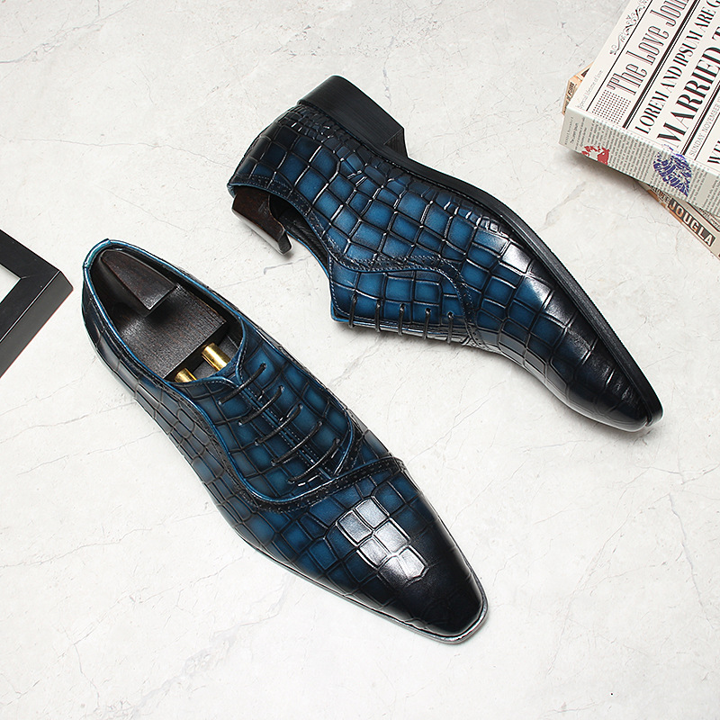 高档甩尖子鳄鱼纹商务男鞋德比鞋头层牛皮时尚压花宝蓝色绅士皮鞋
