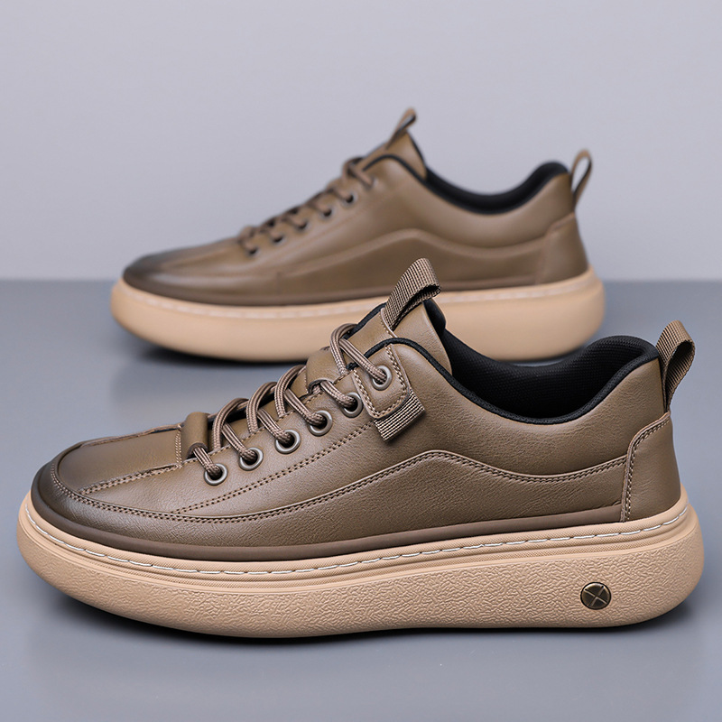 春秋皮面运动休闲鞋潮青年男人穿的修闲鞋男土复古厚底悠闲鞋板鞋