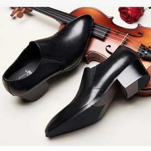 高档正品牌不系带高跟尖头皮鞋潮男粗跟没有鞋带小码发型师增高鞋