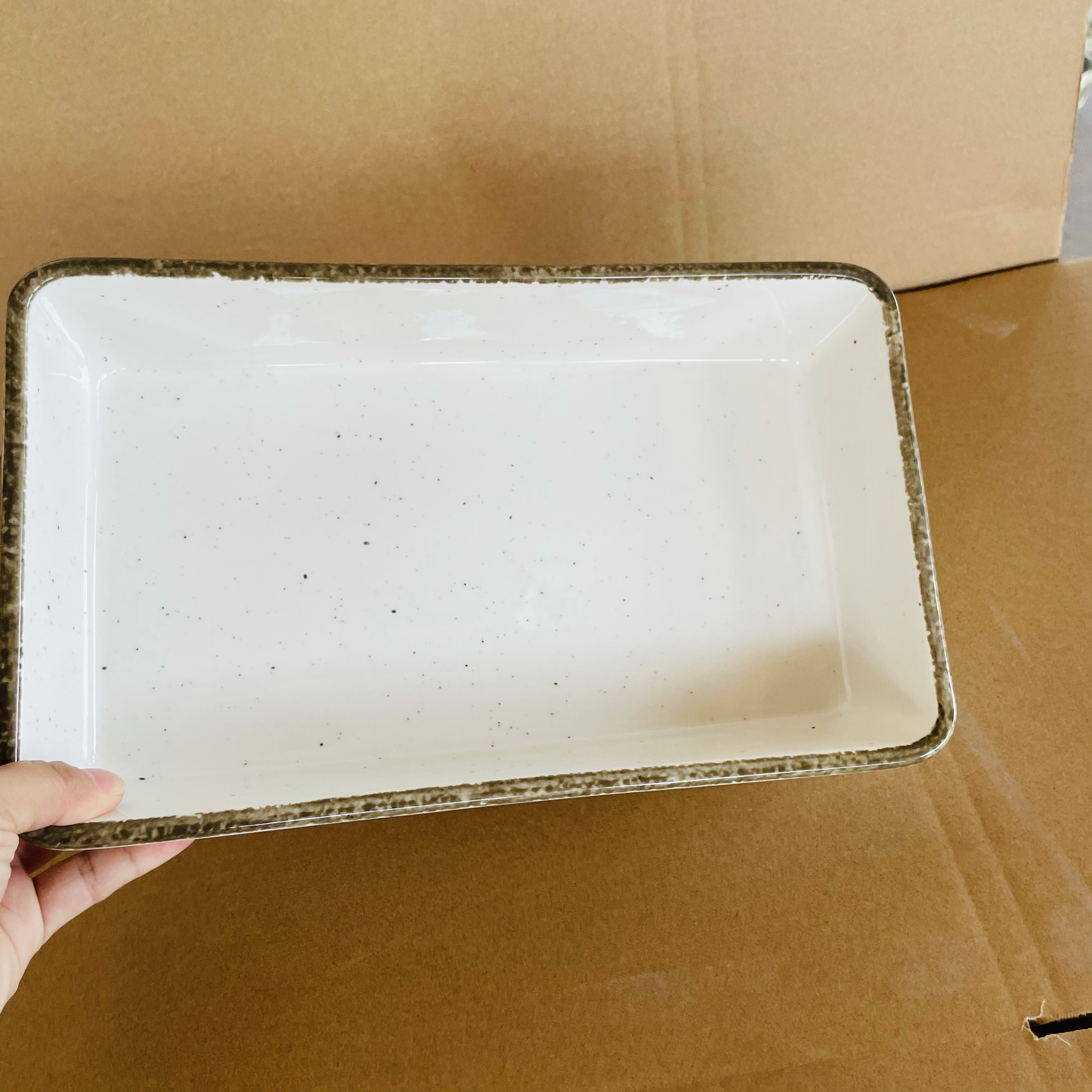 外贸出口复古陶瓷长方烤盘大号烤鱼盘焗饭盘烤箱烘培烤盘家用大盘