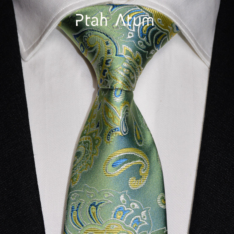 Ptah Atum 宴会领带 真丝领带 绿色花纹 孔雀纹理 结婚正装领带