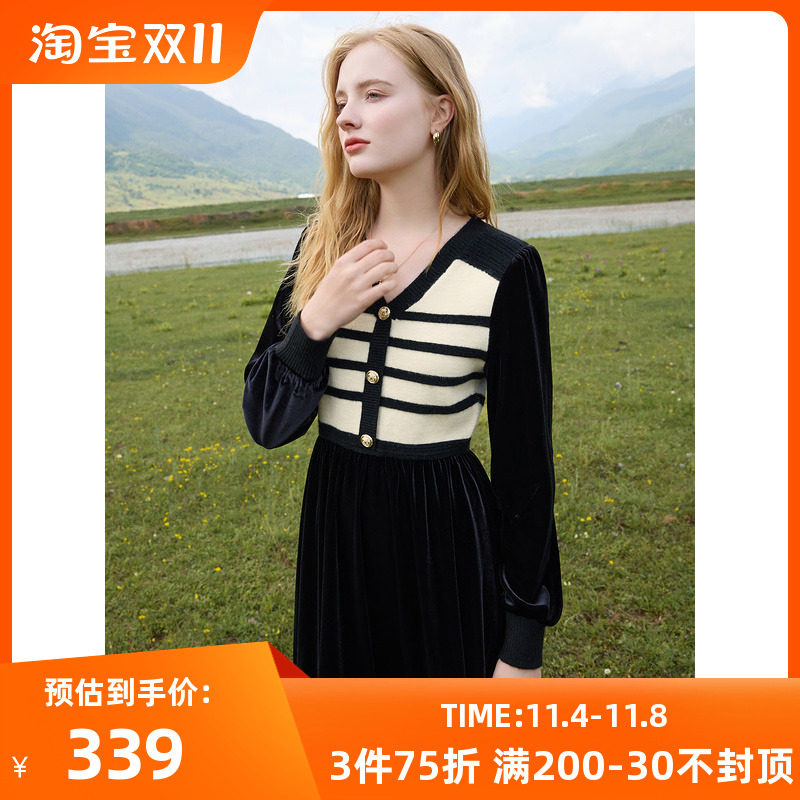 三彩2023冬季新款撞色条纹V领针织丝绒连衣裙中长裙高腰女使用感如何?
