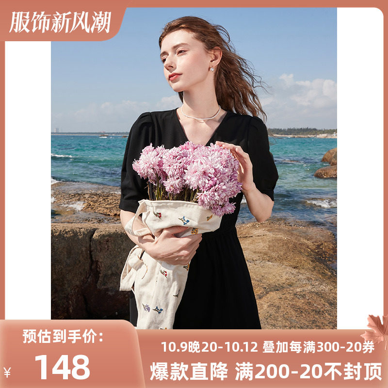 三彩2023夏季新款高腰气质小黑裙V领中长款纯色连衣裙显瘦女怎么样,好用不?