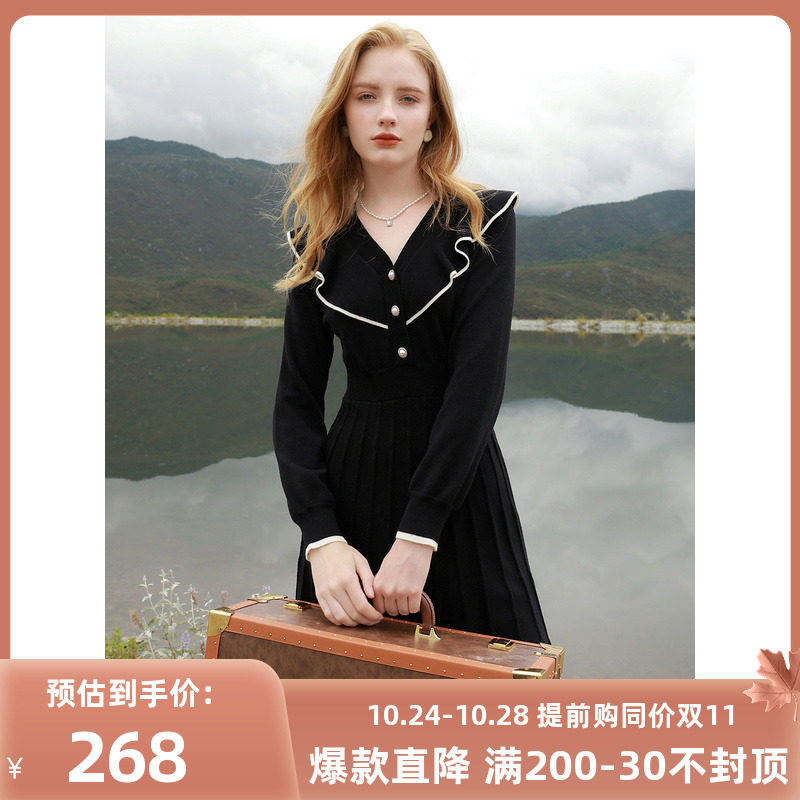 三彩2023冬季新款针织连衣裙V领撞色荷叶边收腰A字裙优雅淑女高性价比高么？