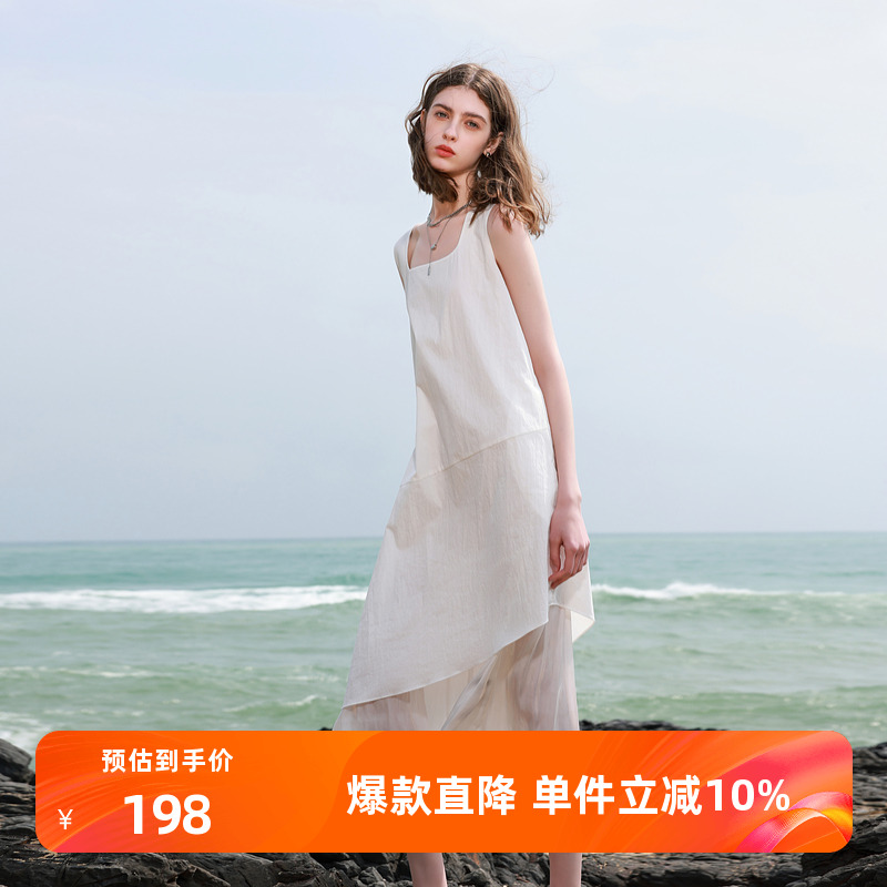 方领无袖假两件背心裙宽松连衣裙