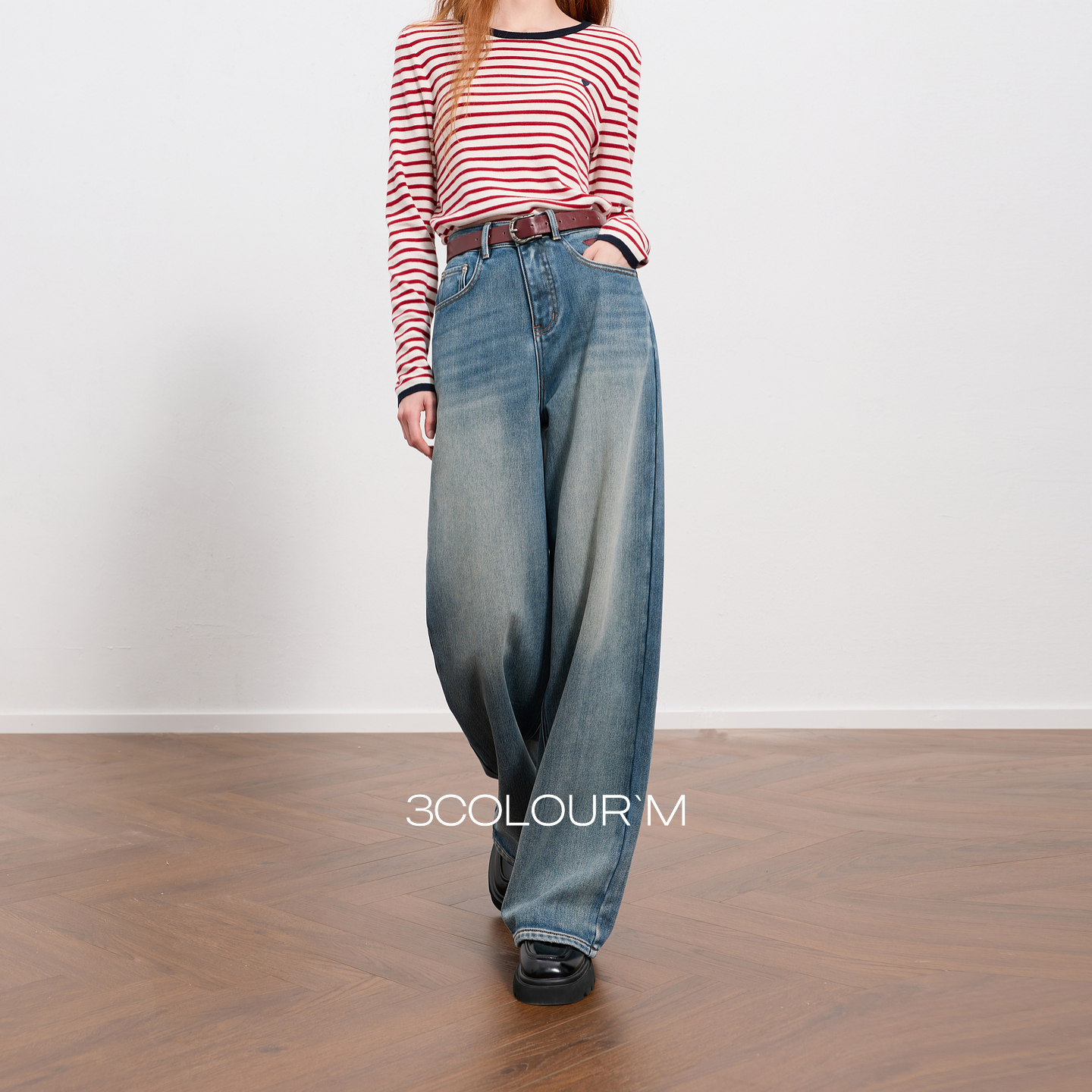 三彩2025冬季新款一体绒磨毛牛仔裤高腰阔腿裤长裤宽松M