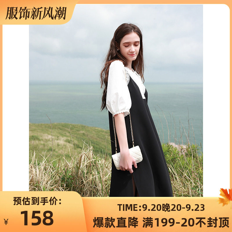 三彩2023秋季新款假两件拼接连衣裙圆领花边A字裙中长气质淑女属于什么档次？