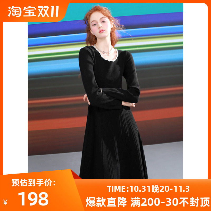 三彩独醒2023冬季新款贝壳绣圆领针织连衣裙收腰A字中长裙女怎么看?