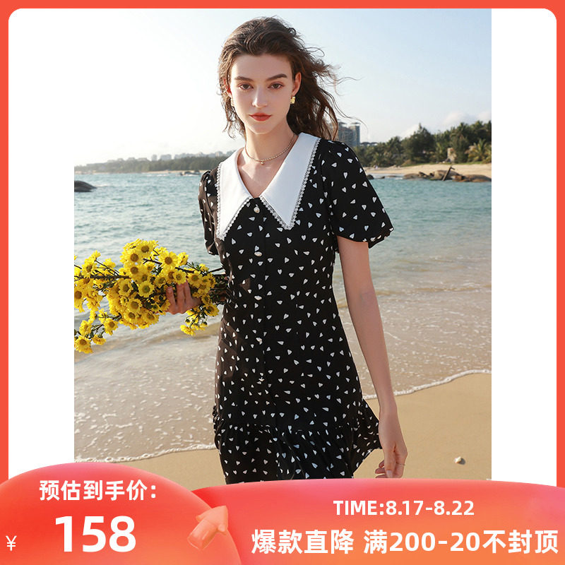 三彩2023夏季新款爱心印花雪纺连衣裙撞色花边翻领A字裙收腰优雅属于什么档次？