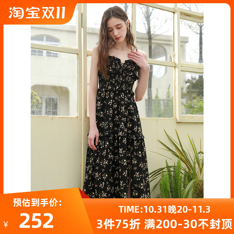 三彩2023夏季新款碎花吊带裙度假一字领印花开叉大摆连衣裙中长女怎么样,好用不?
