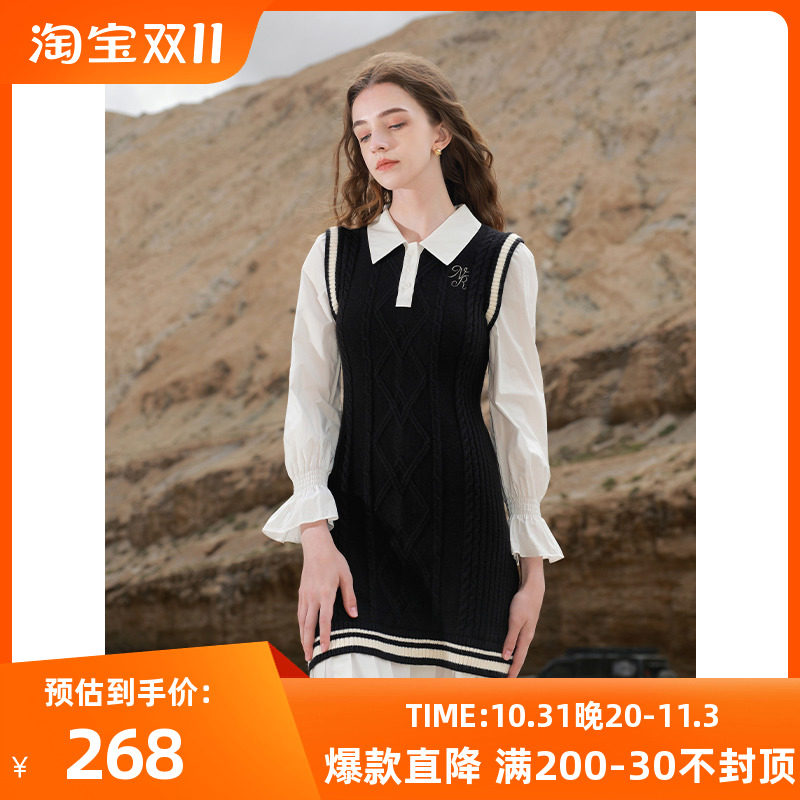 三彩女装2023秋季新款假两件学院针织连衣裙绞花肌理长袖短裙女怎么样,好用不?