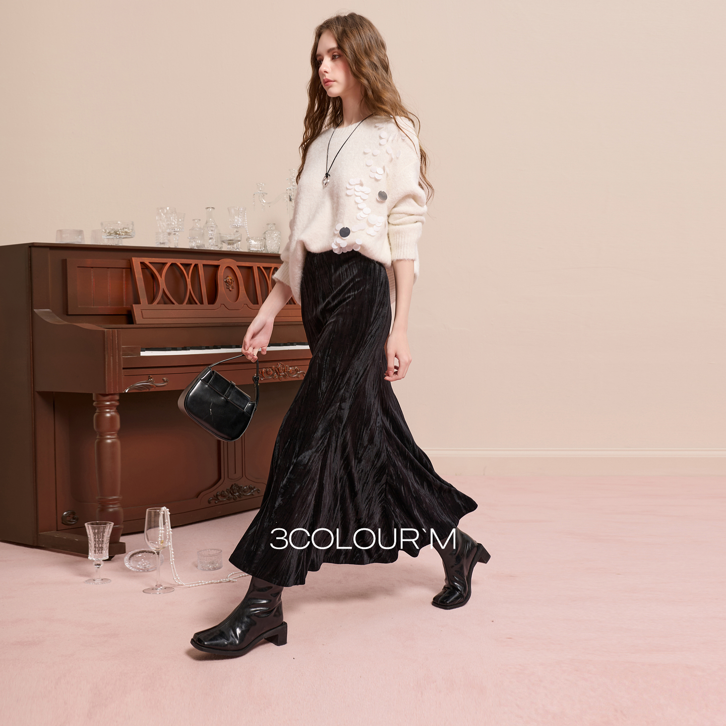 三彩2025冬季新款丝绒半身裙松紧腰A字裙长裙优雅气质M